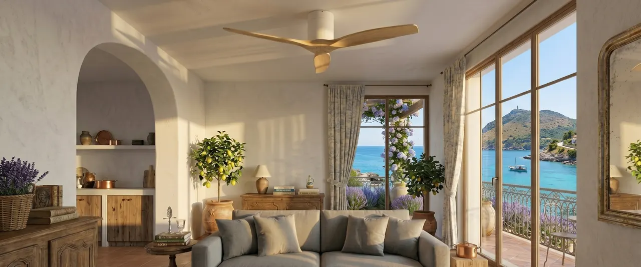Salon méditerranéen avec ventilateur de plafond en bois